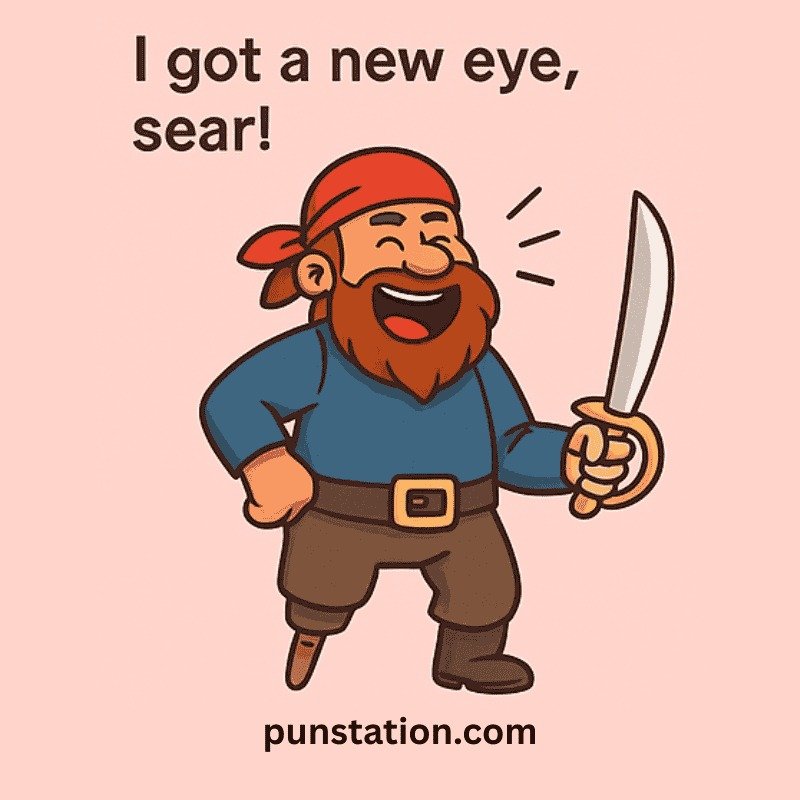 Pirate cartoon with sword laughing with funny text
