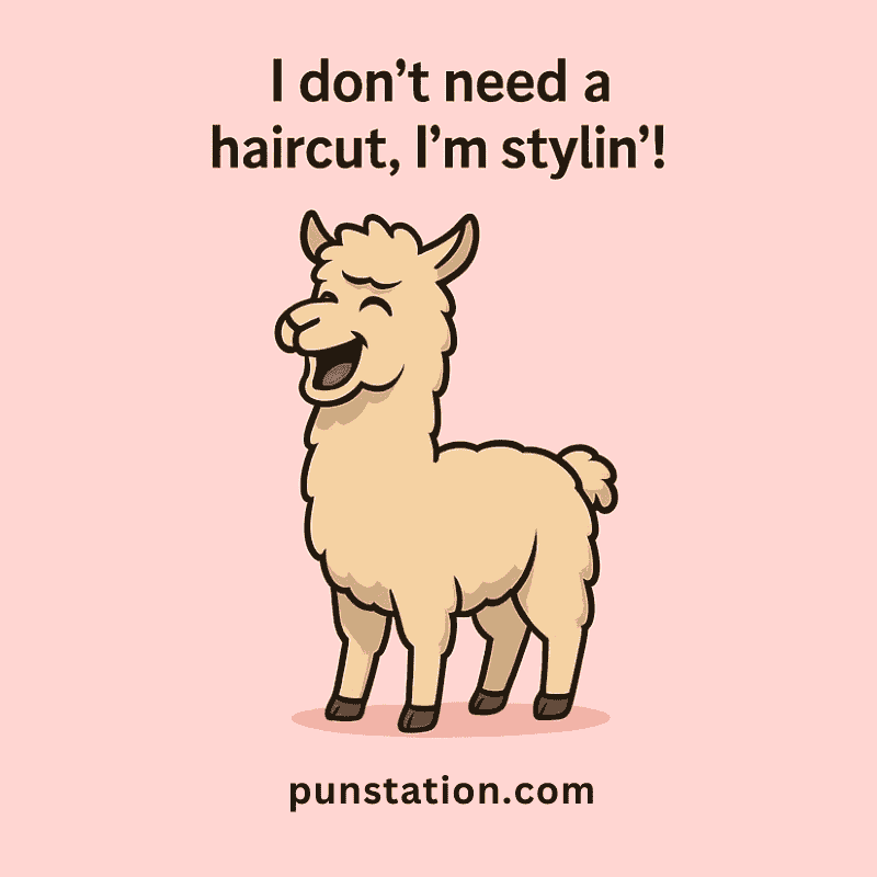 A Cartoon of Alpaca Is Standing and Laughing Under Short Puns
