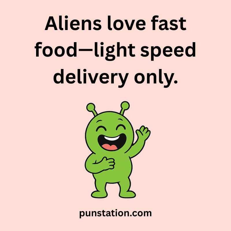 Green Alien cartoon laughing under funny pun