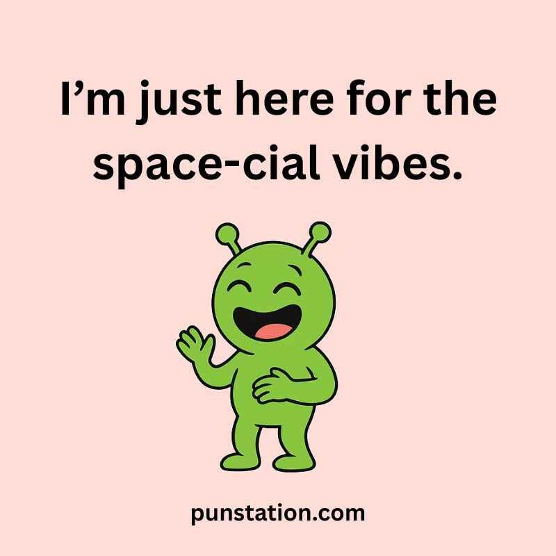 An alien cartoon laughing with short pun text