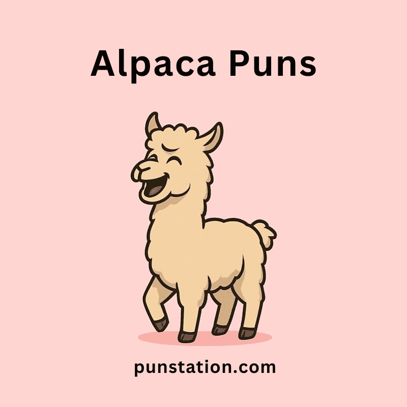 A cartoon of alpaca is walking and laughing under text alpaca puns