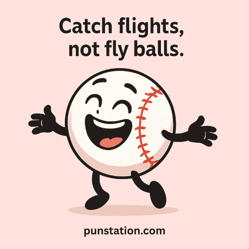 Baseball cartoon laughing under funny pun caption