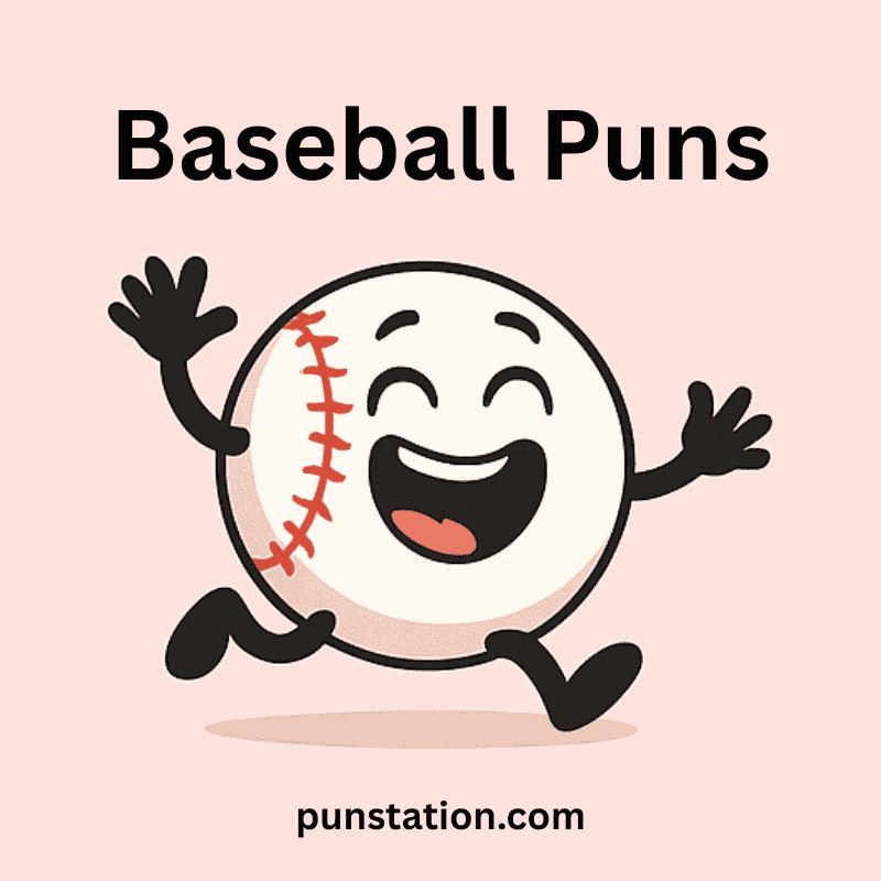 Baseball cartoon jumping and laughing under text baseball puns