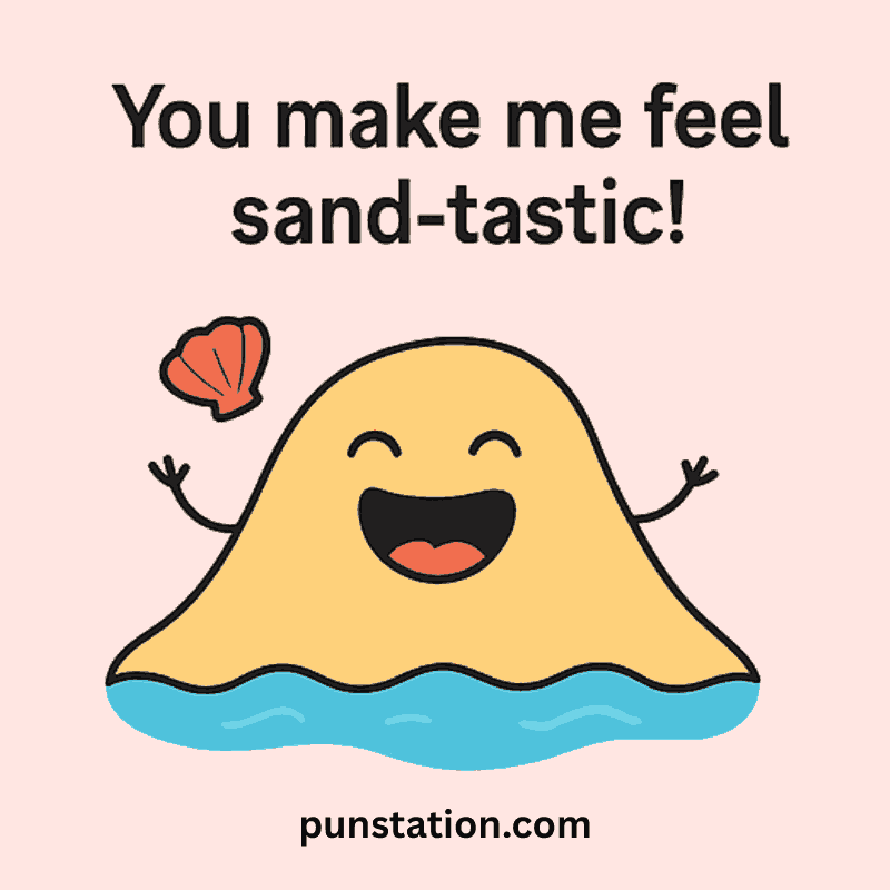 Beach cartoon laughing under beach puns caption