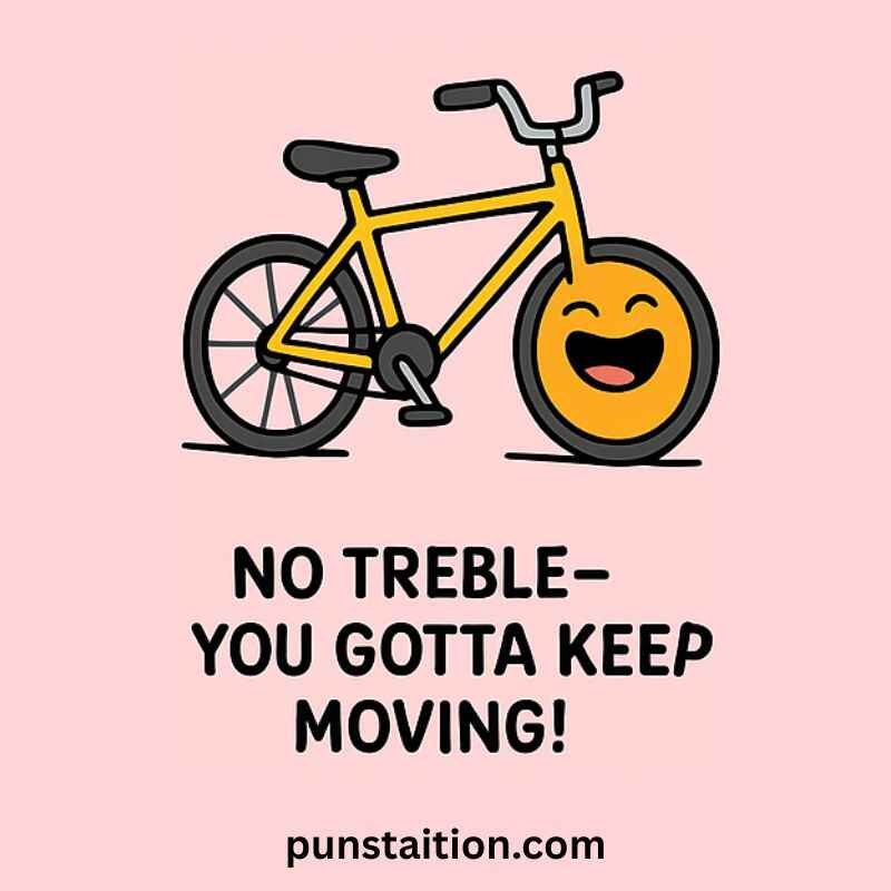 A cartoon bicyle laughing with short pun text