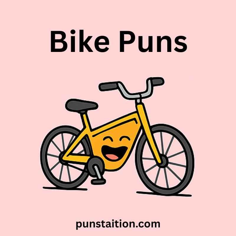 Bike cartoon laughing under text bike puns