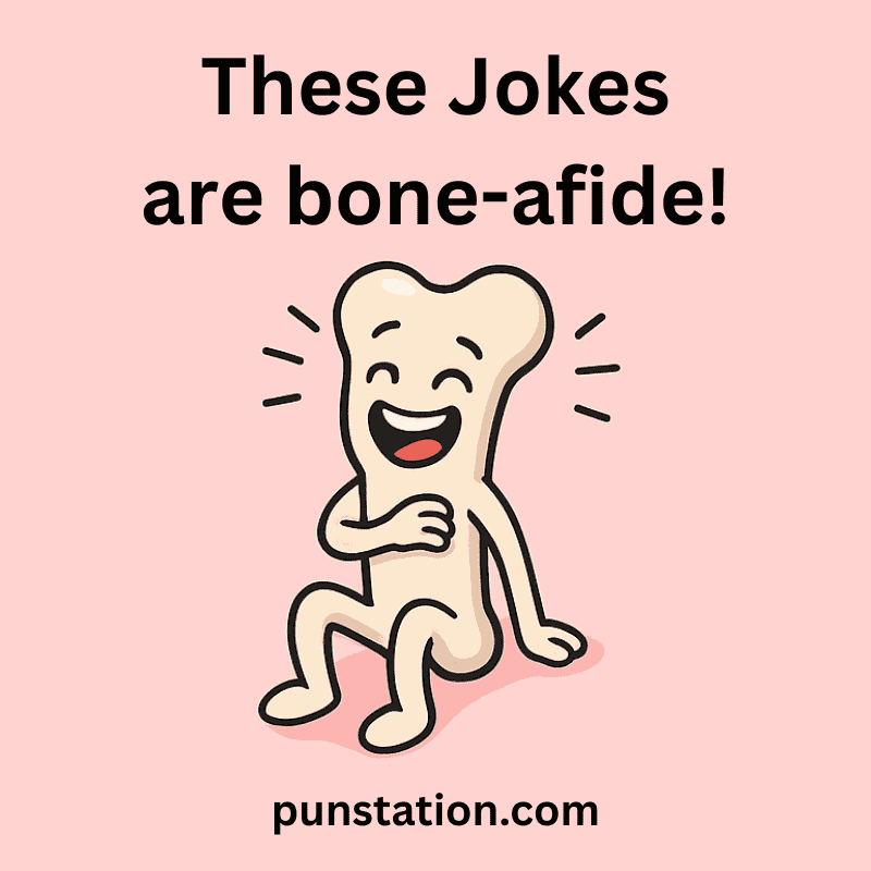 a bone cartoon sitting and laughing with funny bone pun short