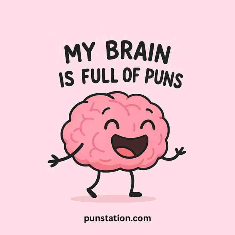 brain cartoon laughing with short pun text