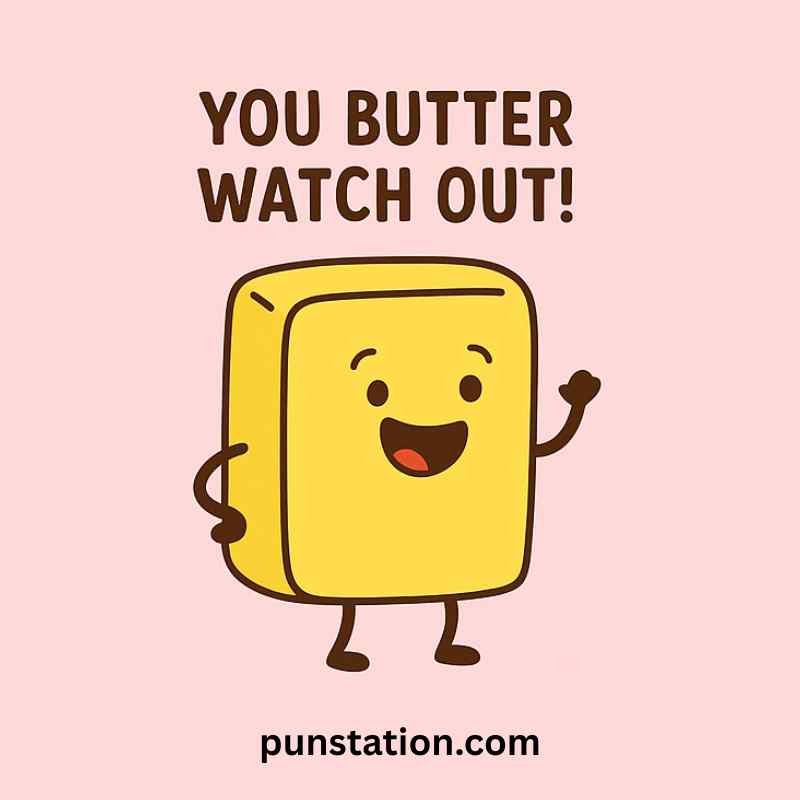 A piece of butter cartoon laughing with butter pun caption