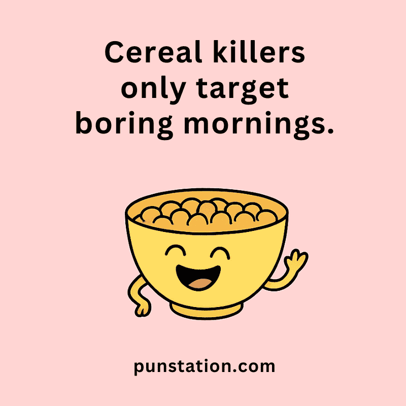 A cartoon of yellow bowl cereal laughing with funny puns