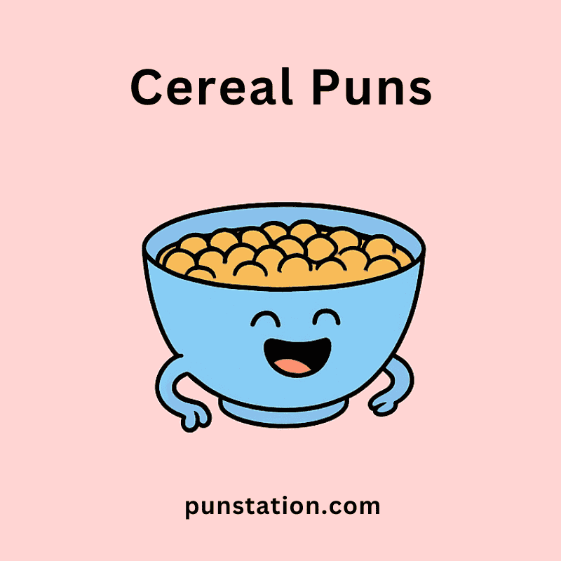 A blue bowl of cereal cartoon laughing under text cereal puns