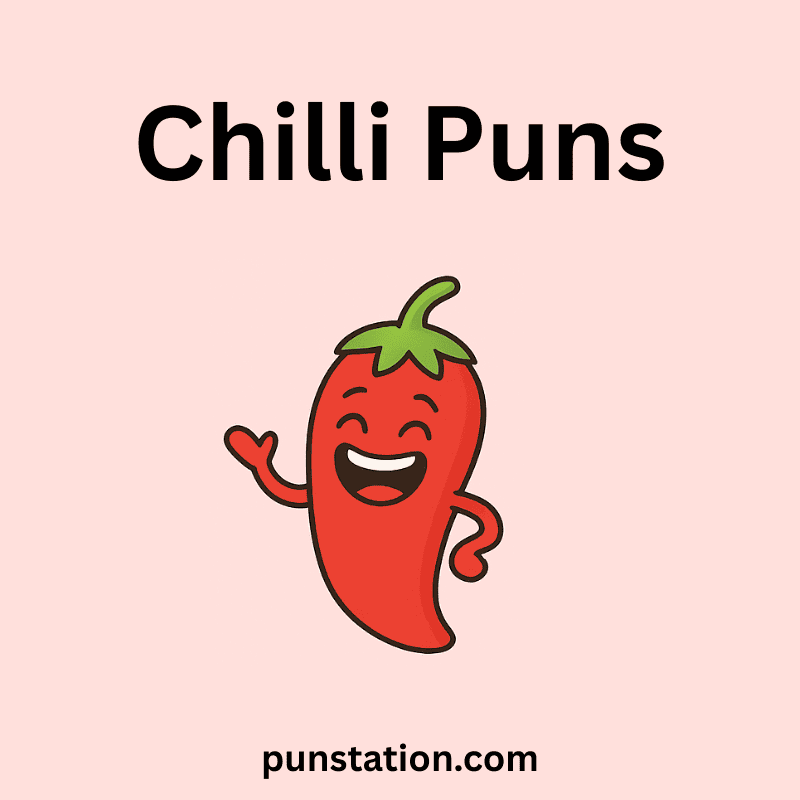 Funny cartoon of chilli laughing under text chilli puns