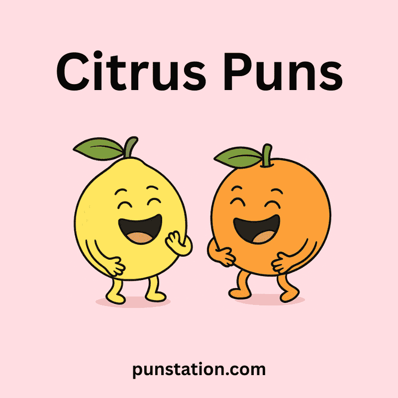 Orange and lemon cartoon laughing under text Citrus Puns