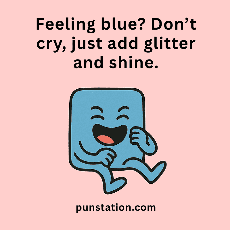 Random Blue Colour Cartoon Is Sitting and Laughing With Funny Pun and Pink Background