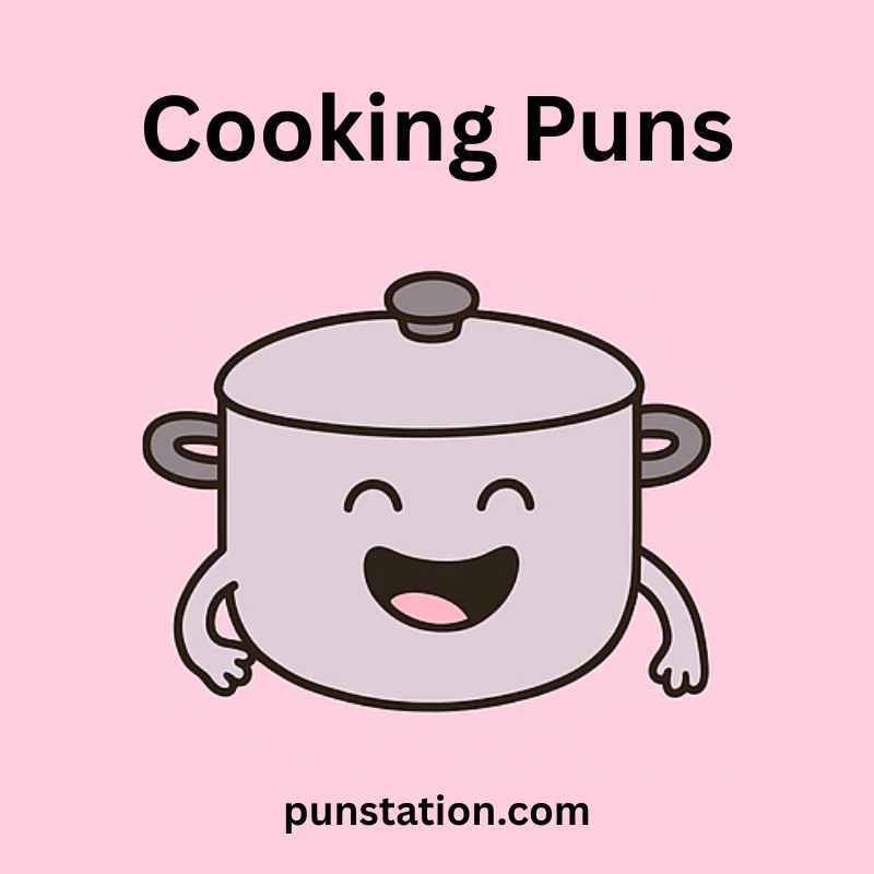 Cartoon of cooking pot laughing under text cooking puns
