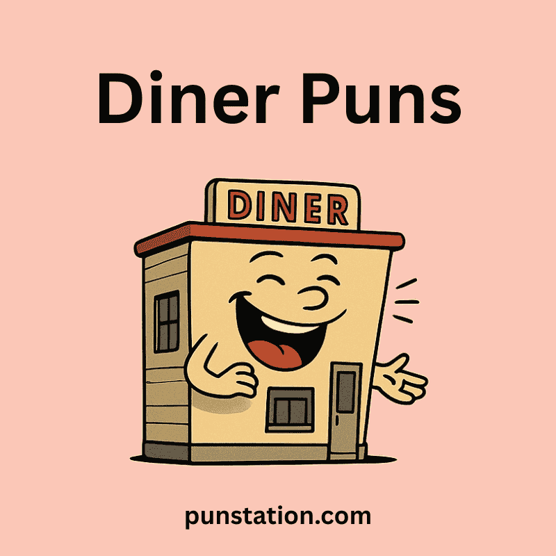 A caroon of diner building laughing under text diner puns