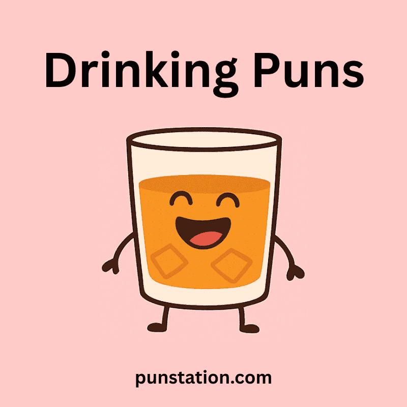 A glass of juice laughing under text drinking pun