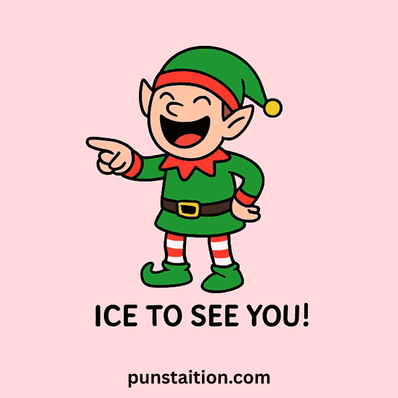 Elf cartoon pointing and laughing with funny pun