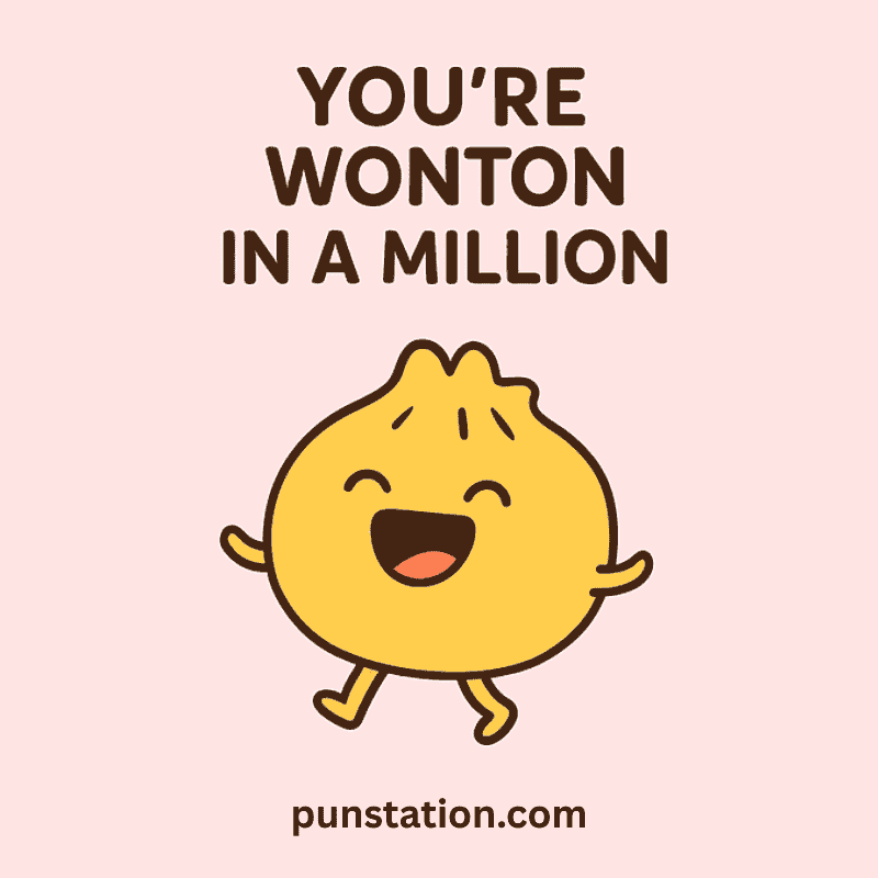 Funny wonton cartoon walking and laughing with funny thai food pun text
