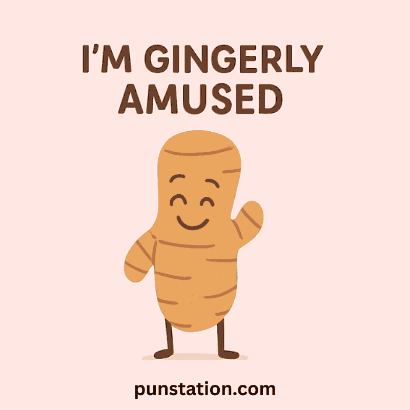 Ginger cartoon standing under funny pun text