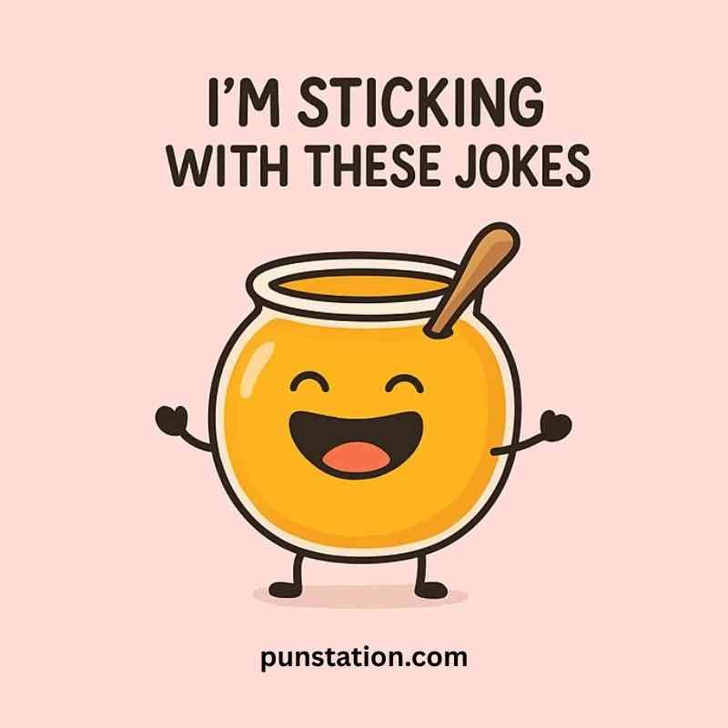 Honey jar cartoon laughing with short pun text