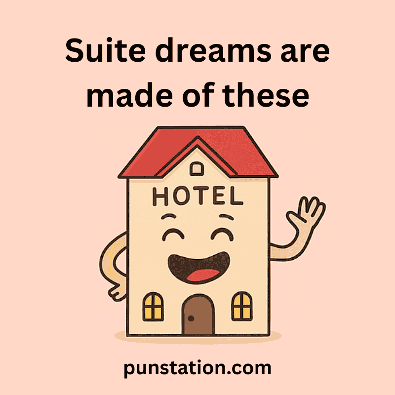 A cartoon of hotle laughing with short pun text
