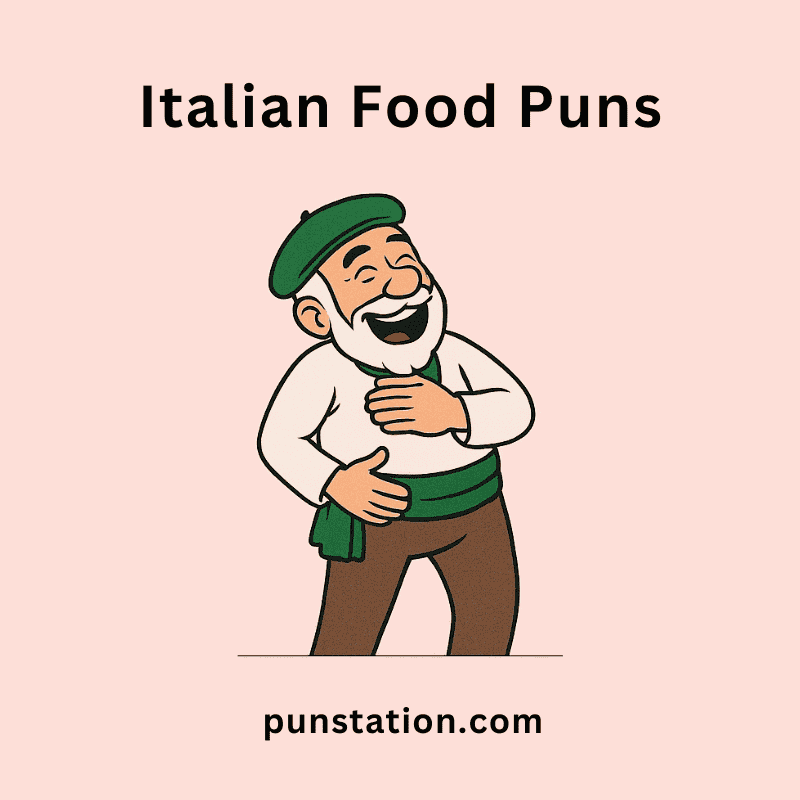an old man cartoon laughing under text italian foof puns