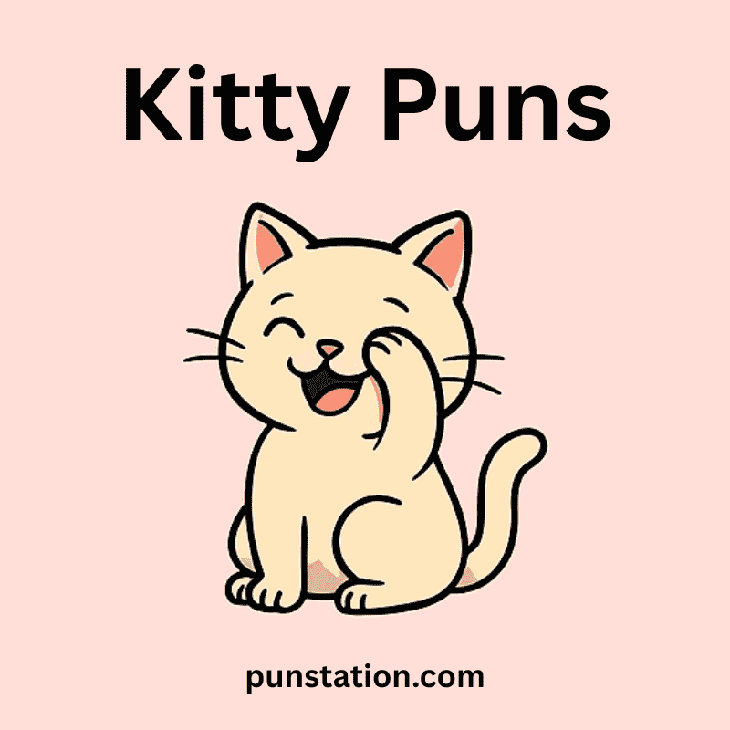 A cartoon of kitty laughing under text kitty puns