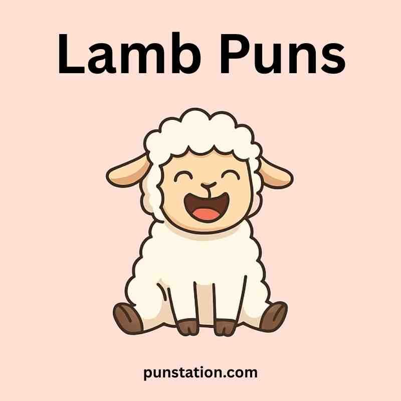 Lamb cartoon sitting and laughing under text lamb puns