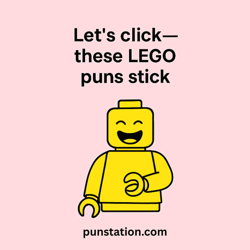 Lego cartoon laughing with short pun text