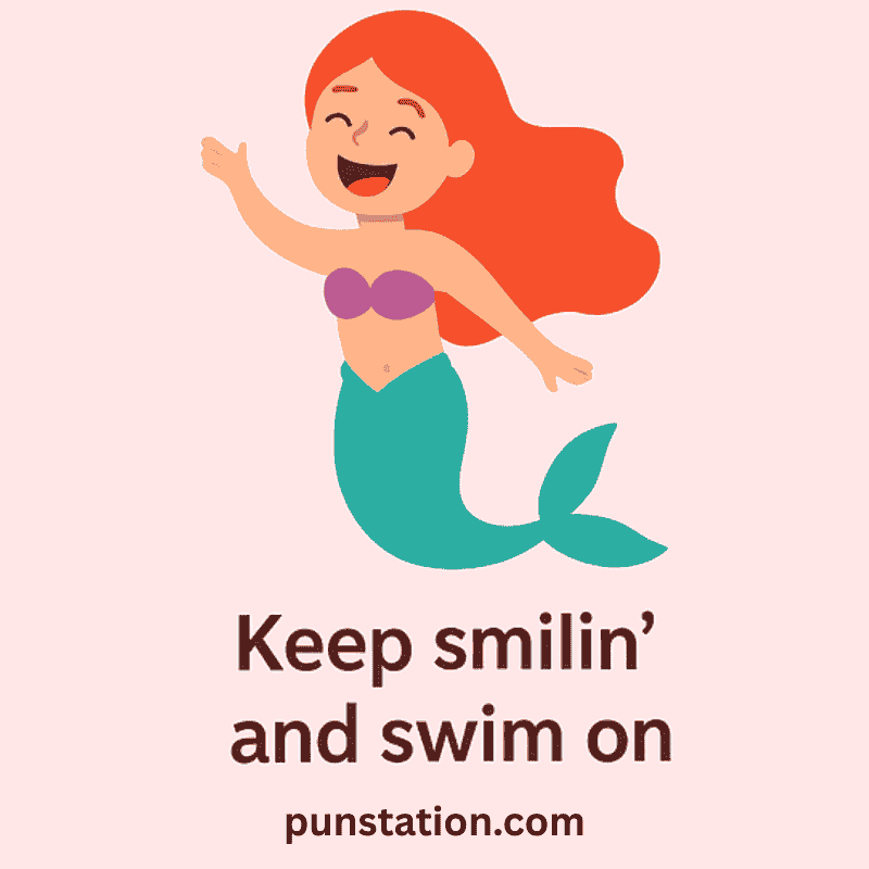 Mermaid cartoon with orange hair laughing with short pun
