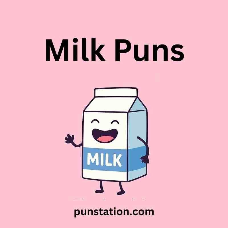Milk pack cartoon laughing under text milk pun