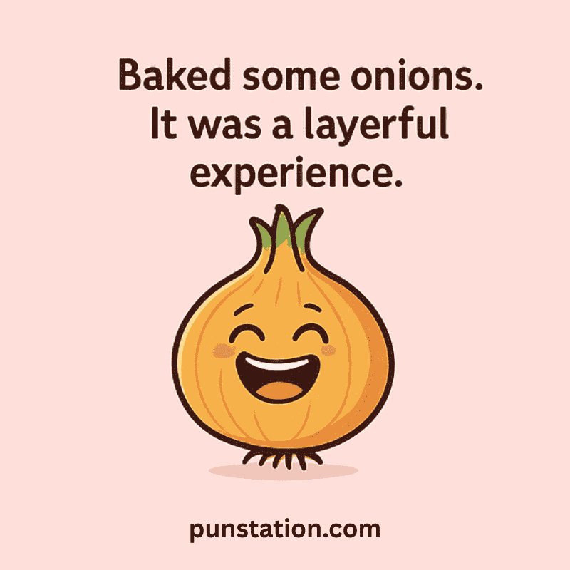 Funny onion cartoon laughing under funny one liner pun text