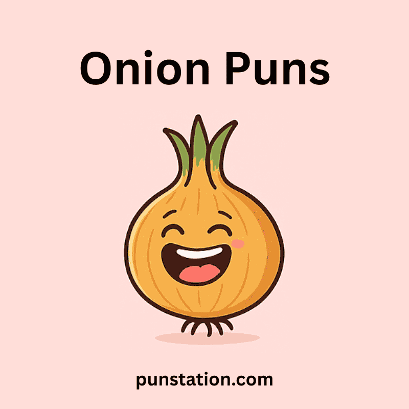 A cartoon of onion laughing under text onion puns