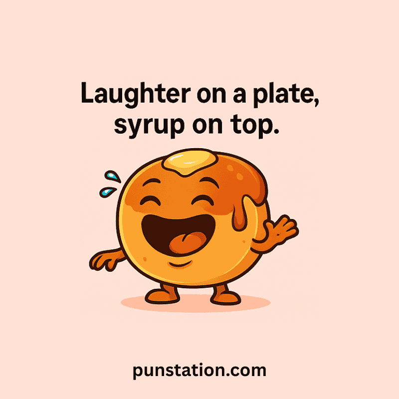 A cartoon of pancake laughing with one line pun