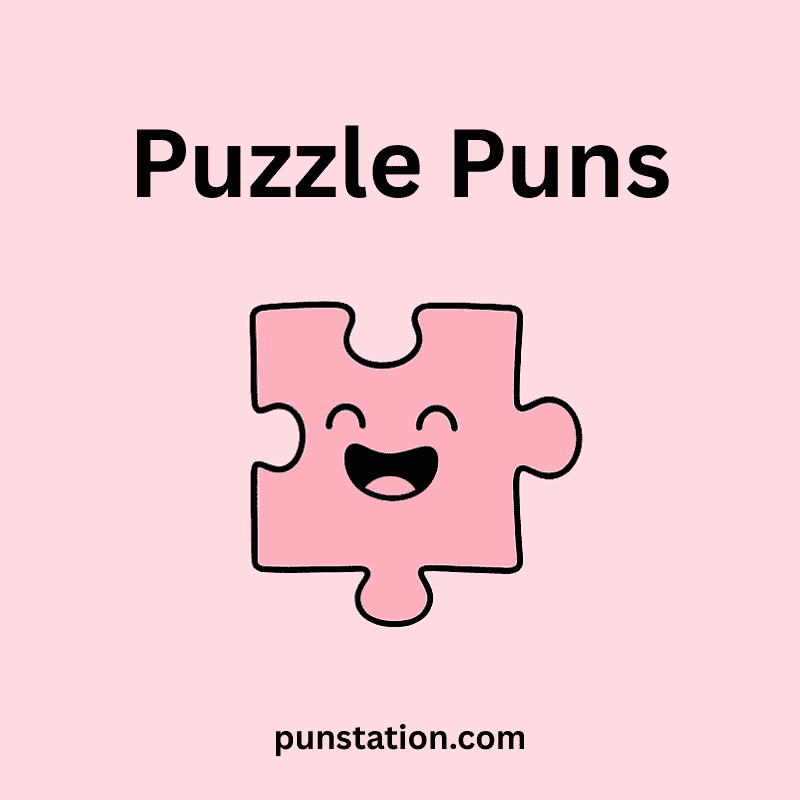 Cartoon of puzzle piece laughing under text puzzle puns
