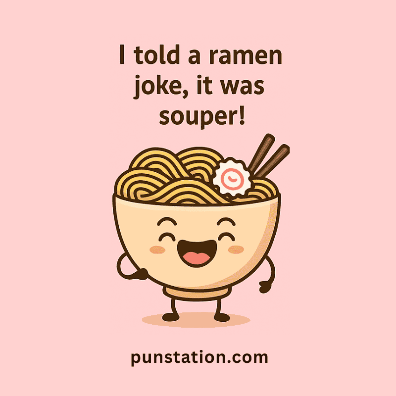 Ramen bowl cartoon laughing with funny puns