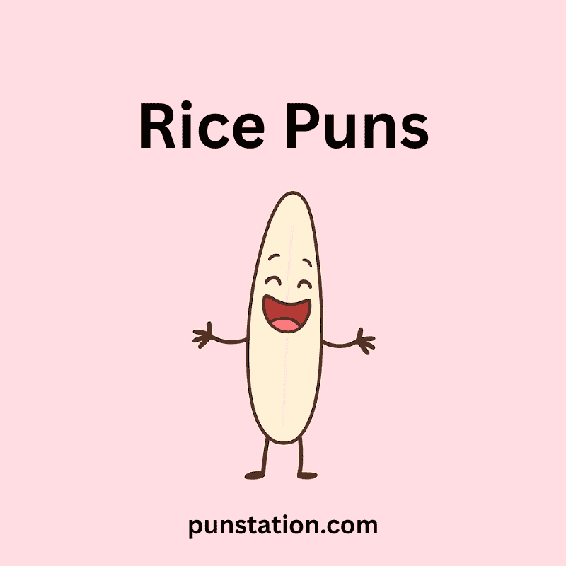 Cartoon Or Rice Laghing With open Hands Under Text Rice Puns