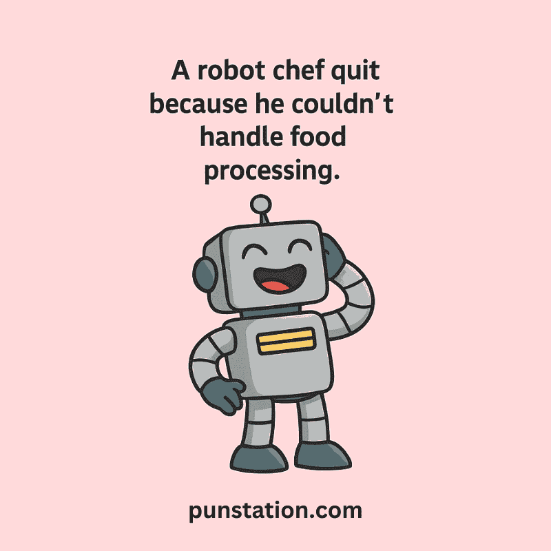 Funny robot cartoon on pink backgroung laughing under robot cooking pun
