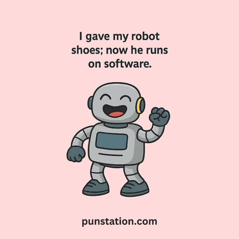 A cartoon of robobt dancing and laughing with funny pun
