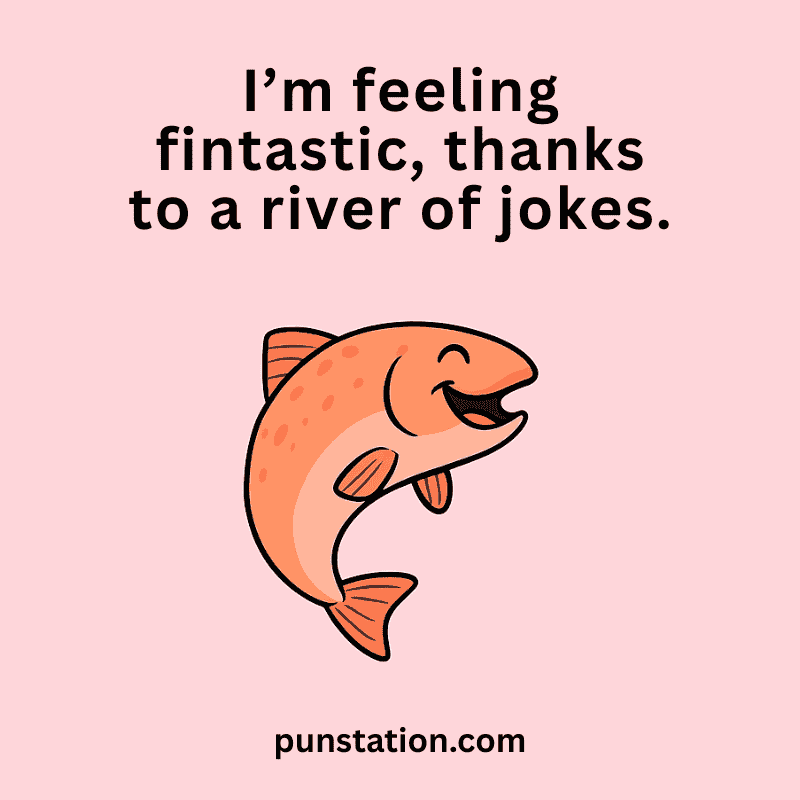 A cartoon of salmon fish laugh our loud with salmon short pun text