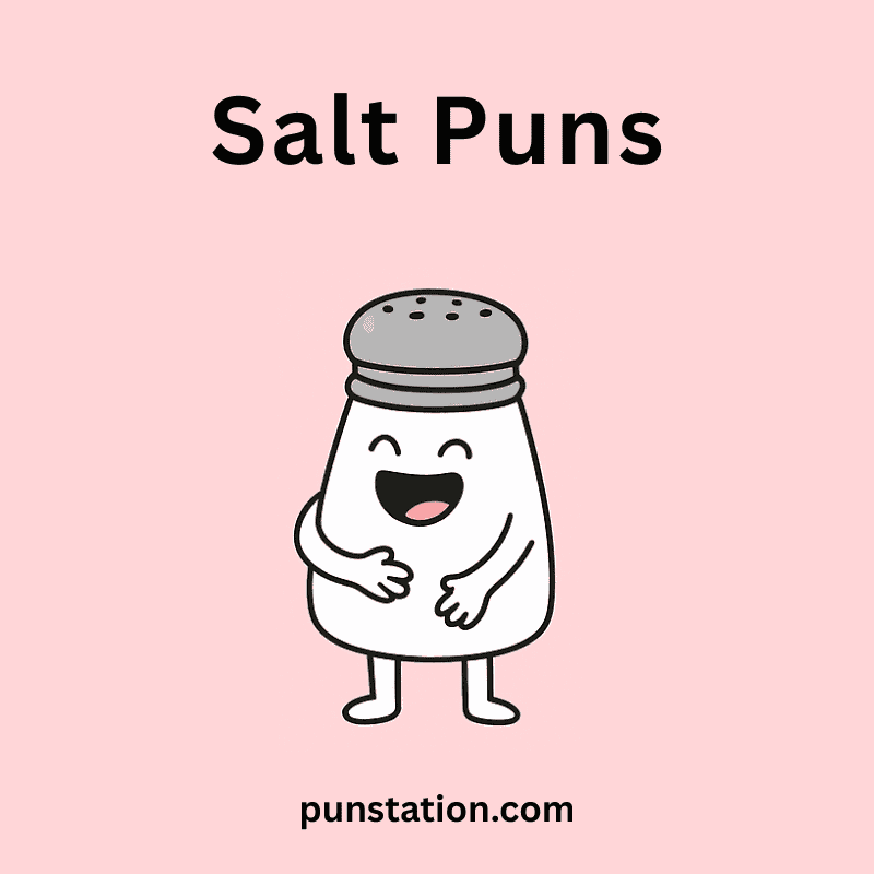 a cartoon of salt shaker laughing under text salt puns