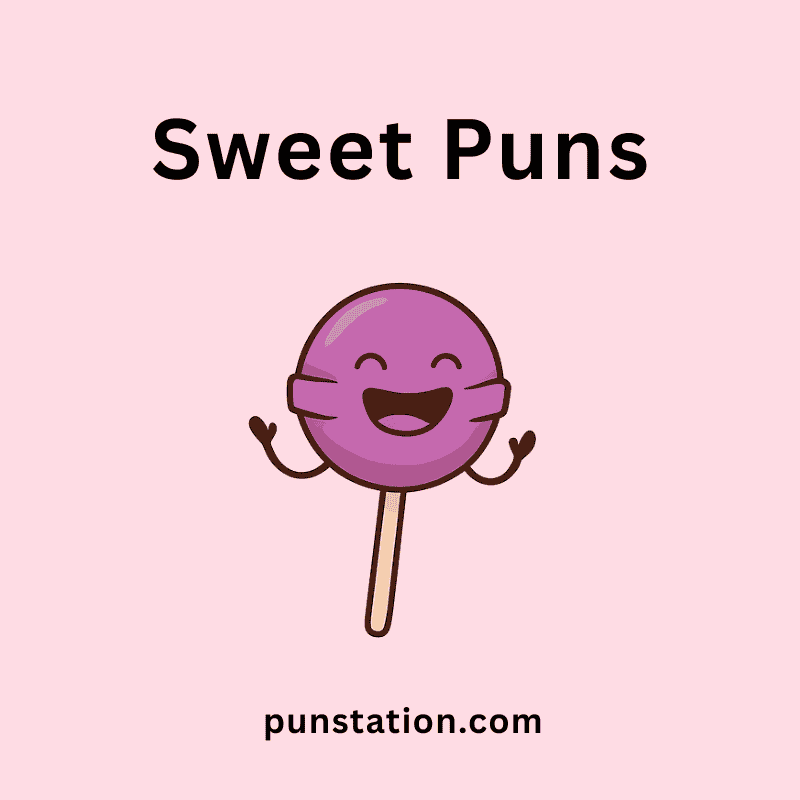 A cartoon of lolipop laughing under text sweet puns