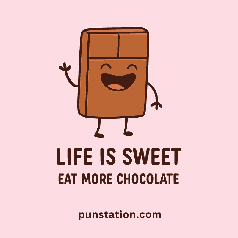 chocolate cartoon is laughing and standing with one liner sweet puns
