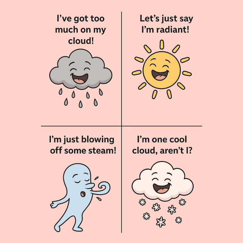 A cartoon of sun, cloud wind and snow cloud laughing with funny pun texts