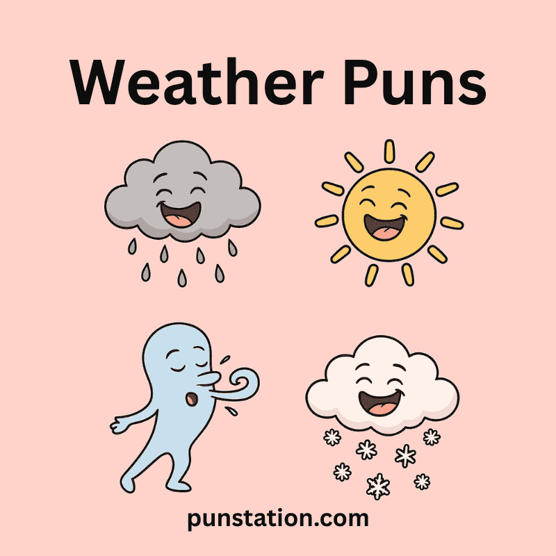 A cartoon of sun, cloud wind and snow cloud laughing under text weather puns