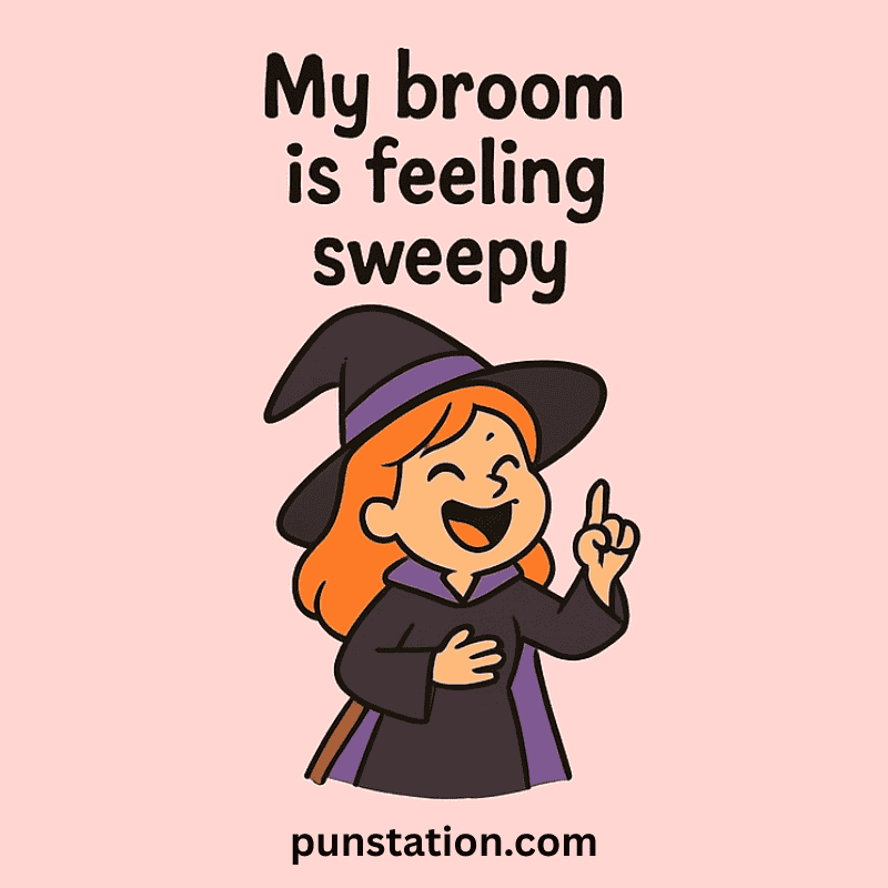 Witch cartoon laughing with funny broom pun caption