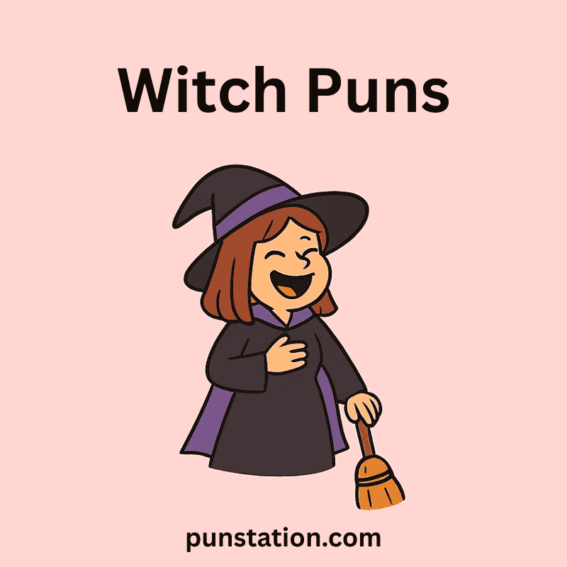 funny witch cartoon laughing under text witch puns