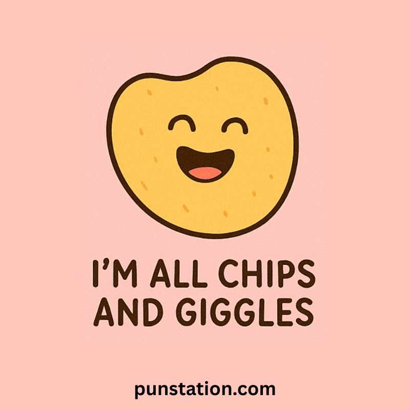 Funny cartoon of potatop chip laughing with short pun text