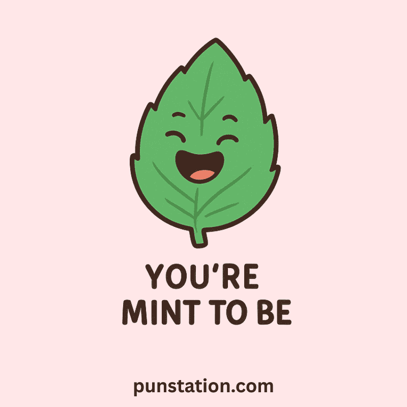 mint cartoon laughing with funny pun text